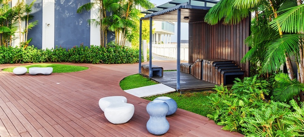 wood patio with landscaping