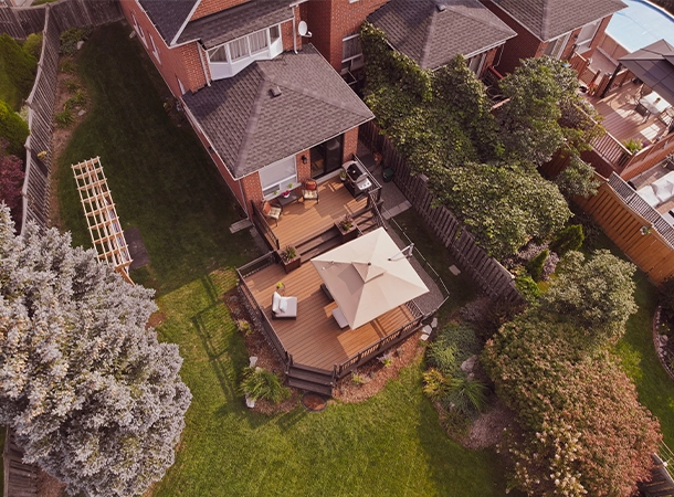 backyard home with deck, fence, landscape backyard home with deck, fence, landscape